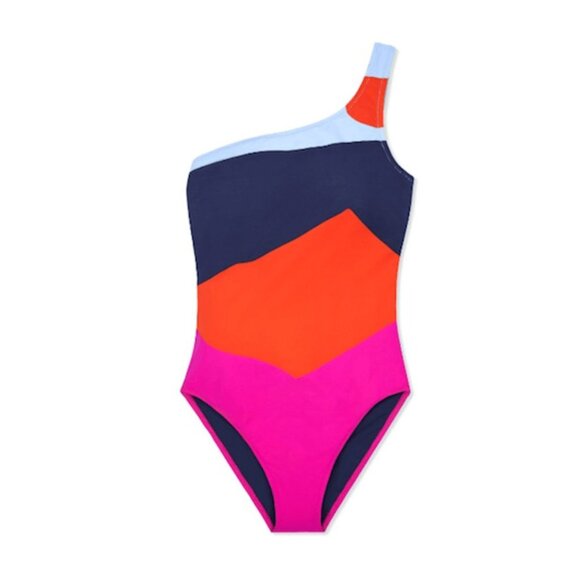 Tory Burch Marguerite Colorblock One Shoulder One Piece Swimsuit M - Picture 1 of 4
